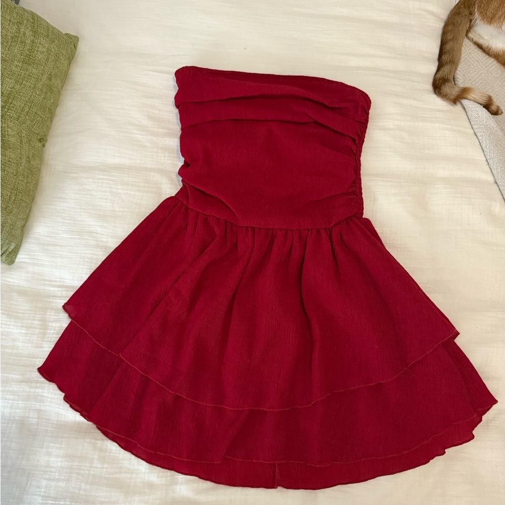 Cider Strapless Tiered Mini Dress in Deep Red